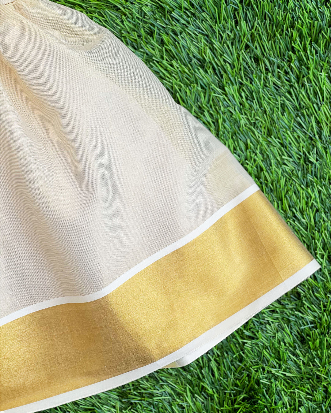 Golden Kerala handloom frock for baby girls birthday dress with floral embroidery