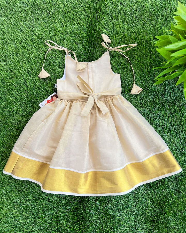 Golden Kerala handloom frock for baby girls birthday dress with floral embroidery