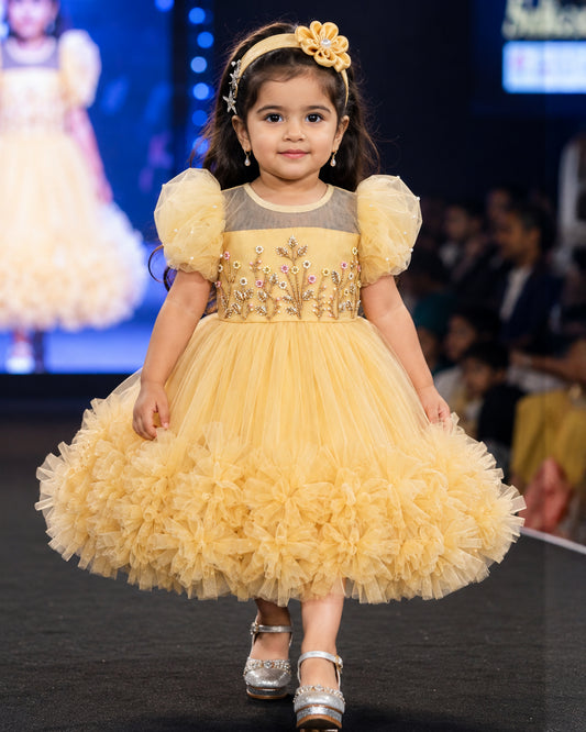 Stanwells Kids golden party wear ruffles frock for girls handwork dress