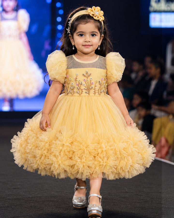 Stanwells Kids golden party wear ruffles frock for girls handwork dress