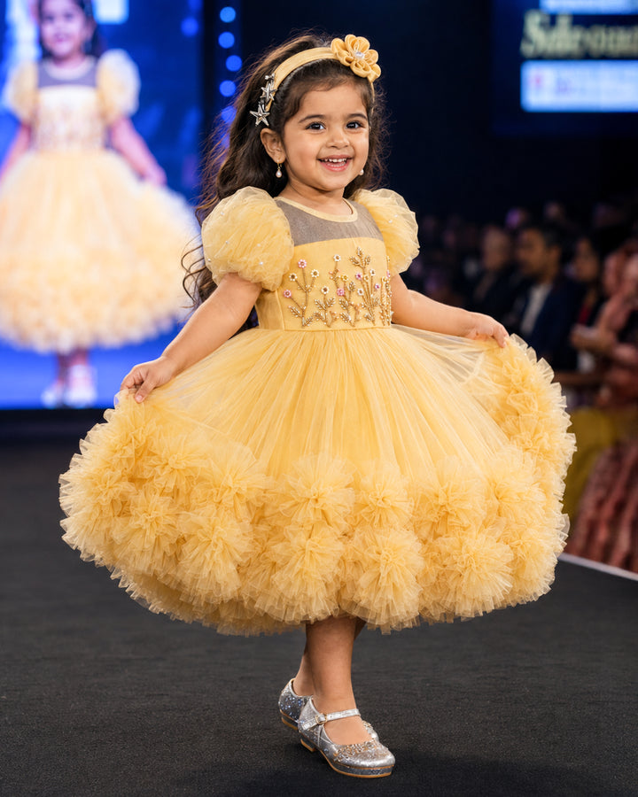Stanwells Kids golden party wear ruffles frock for girls handwork dress