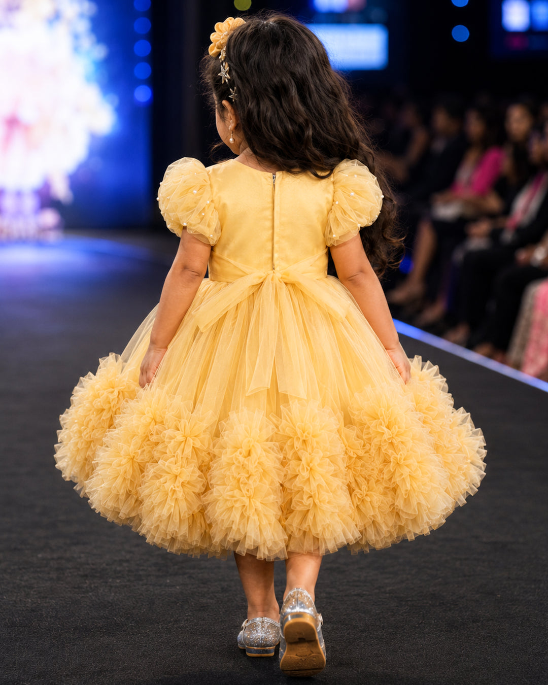 Stanwells Kids golden party wear ruffles frock for girls handwork dress