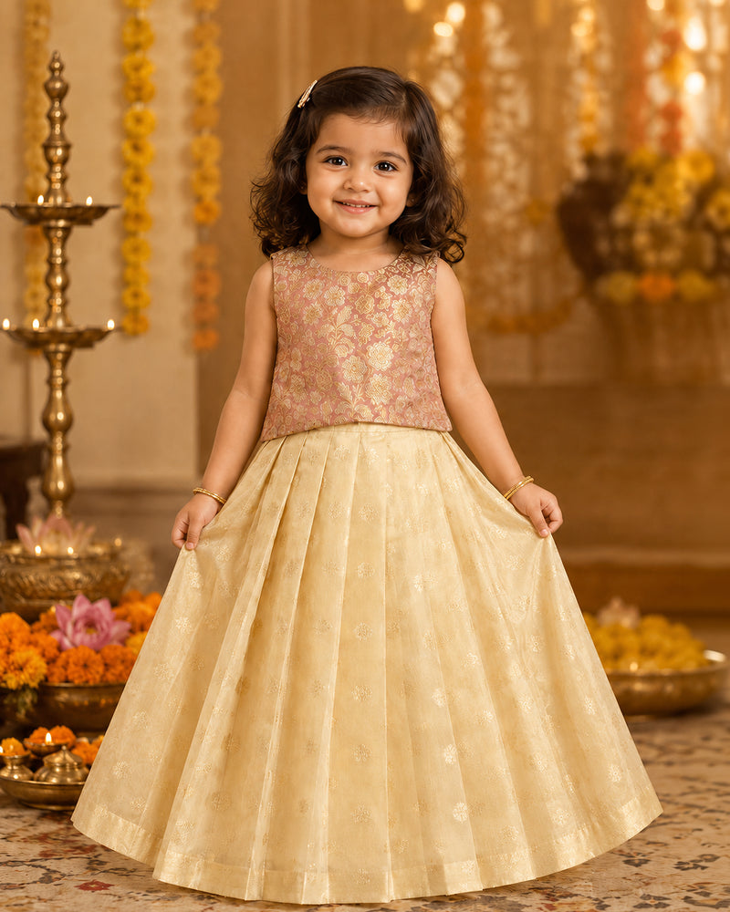 Golden & Peach Silk Lehenga Choli – Premium Partywear Ethnic Dress for Kids