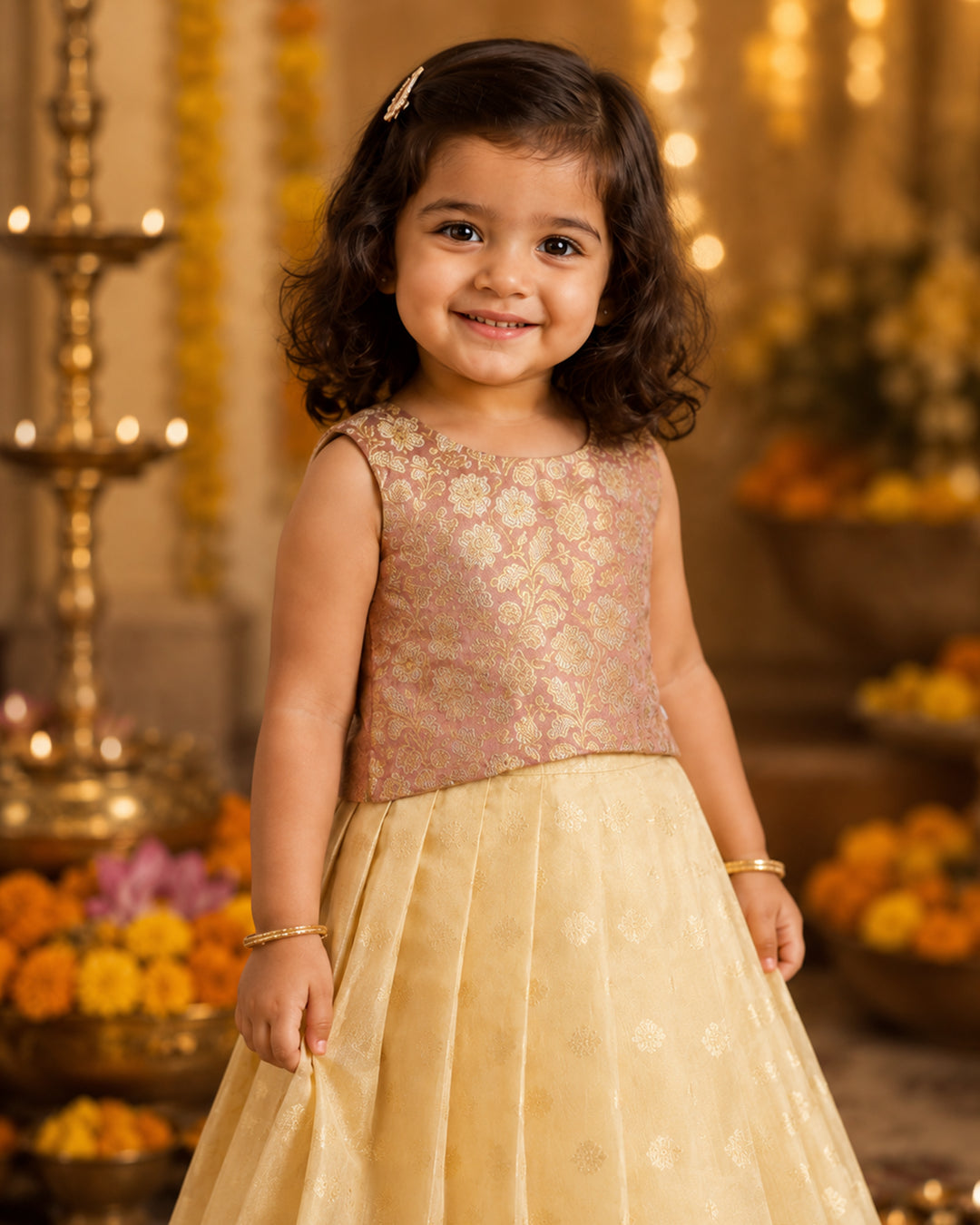 Golden peach lehenga birthday dress for baby girl
Baby girl silk lehenga in golden peach shade for birthdays
Golden peach party wear lehenga dress for baby girls
Baby girl traditional silk lehenga birthday outfit
Premium golden peach silk lehenga for baby girl celebrations