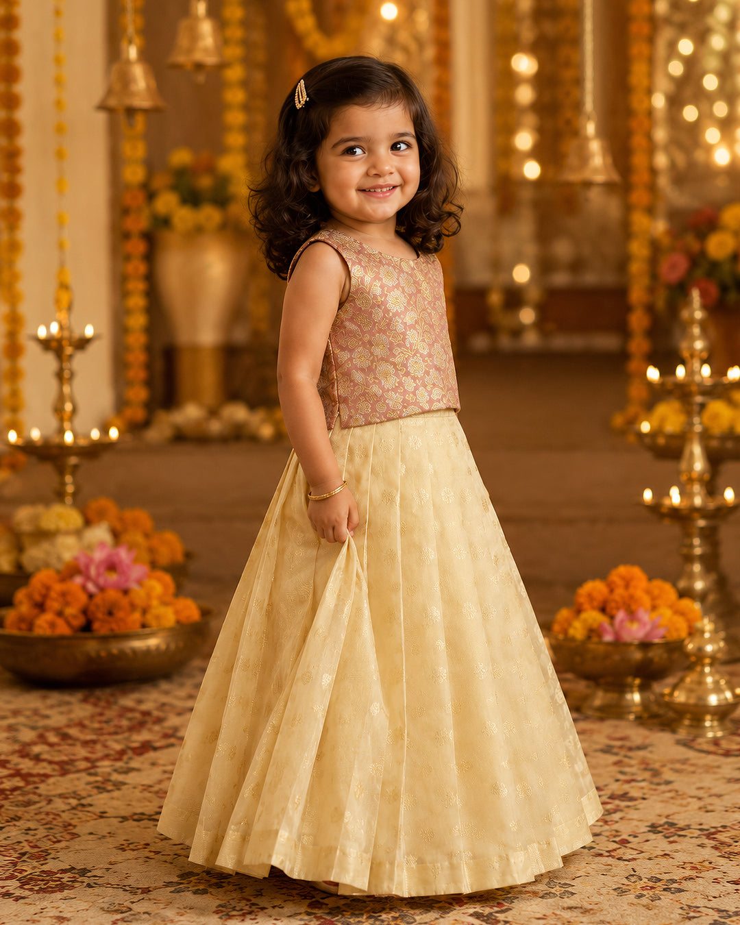 Golden peach lehenga birthday dress for baby girl
Baby girl silk lehenga in golden peach shade for birthdays
Golden peach party wear lehenga dress for baby girls
Baby girl traditional silk lehenga birthday outfit
Premium golden peach silk lehenga for baby girl celebrations