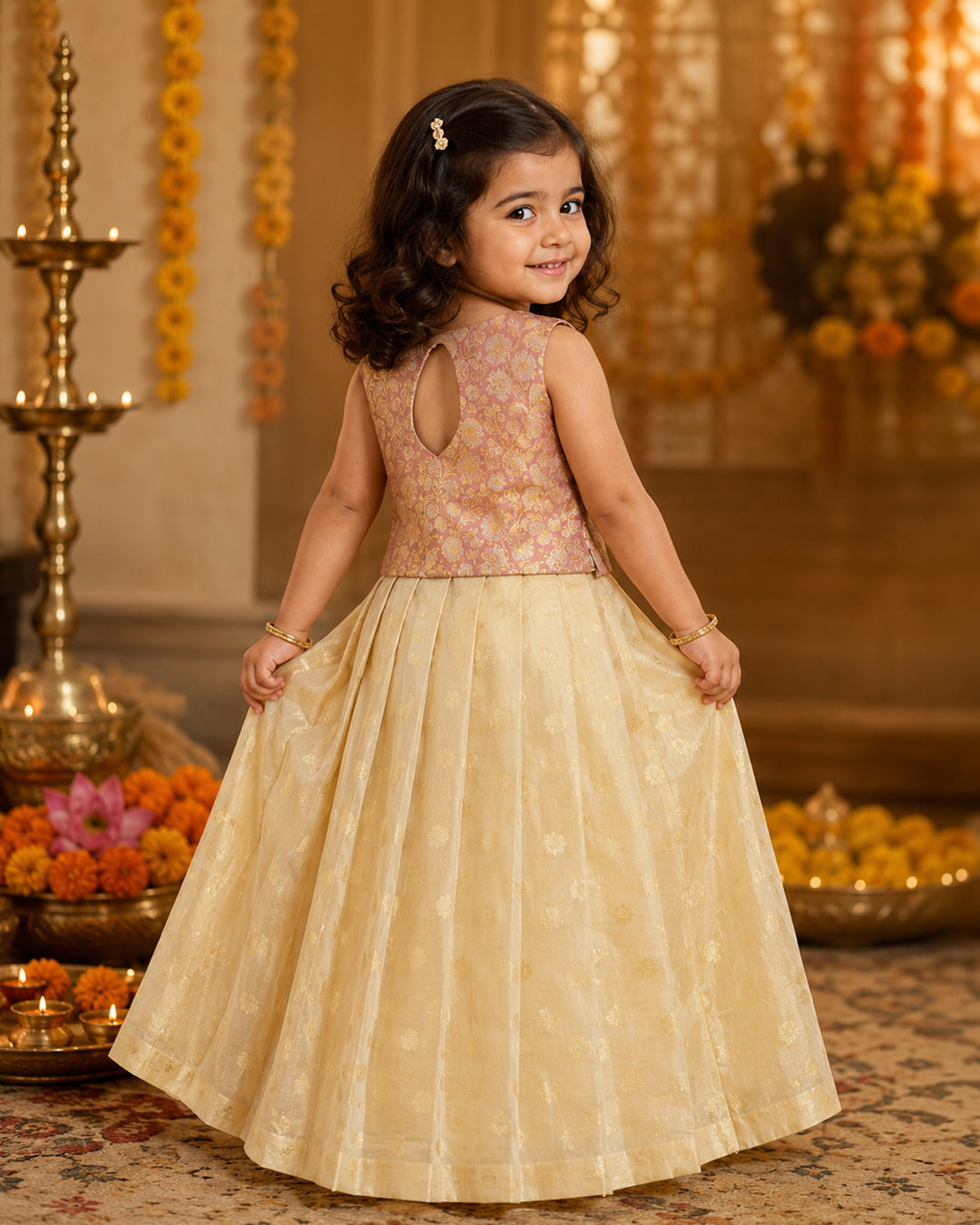 Golden peach lehenga birthday dress for baby girl
Baby girl silk lehenga in golden peach shade for birthdays
Golden peach party wear lehenga dress for baby girls
Baby girl traditional silk lehenga birthday outfit
Premium golden peach silk lehenga for baby girl celebrations
