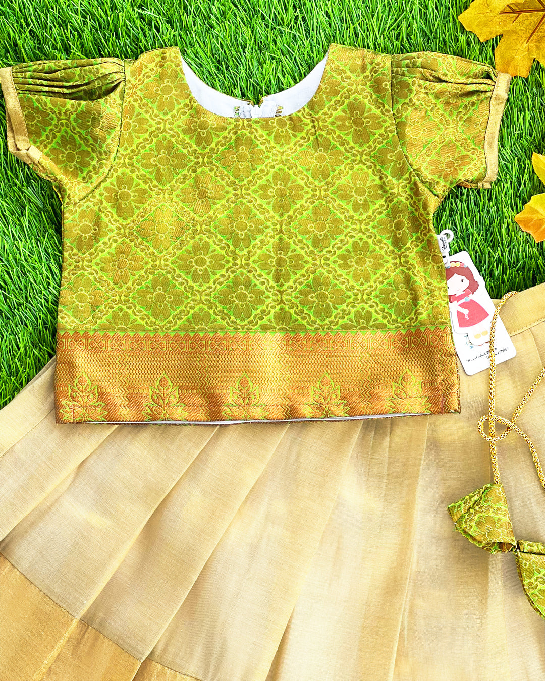 Golden pista green jacquard silk Kerala lehenga choli – baby girls birthday dress