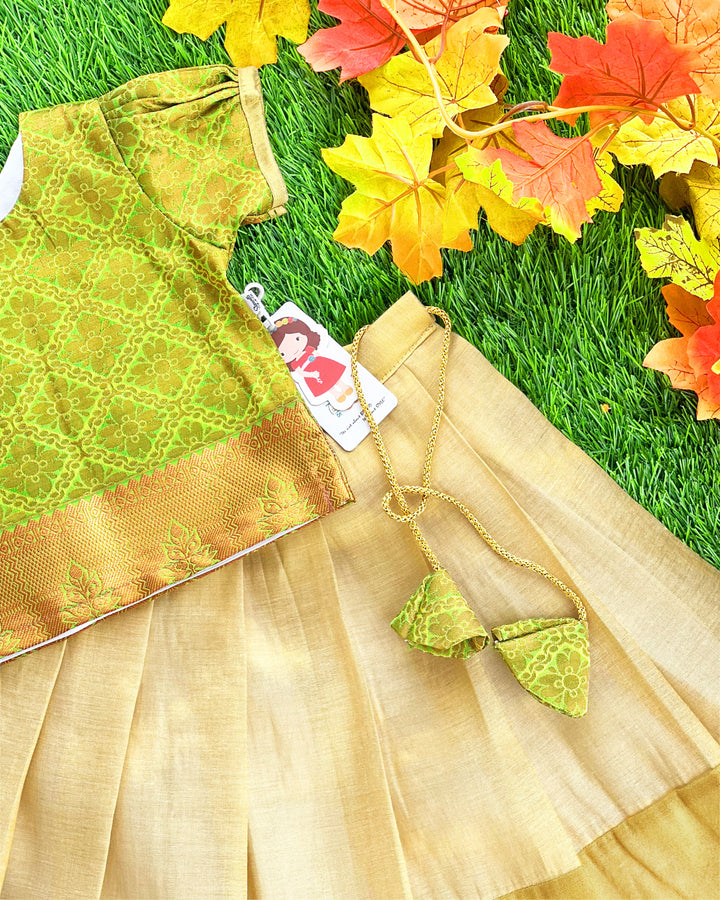 Golden pista green jacquard silk Kerala lehenga choli – baby girls birthday dress