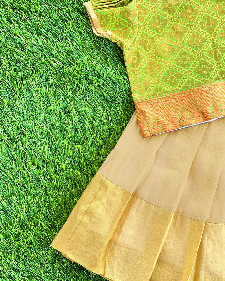 Golden pista green jacquard silk Kerala lehenga choli – baby girls birthday dress