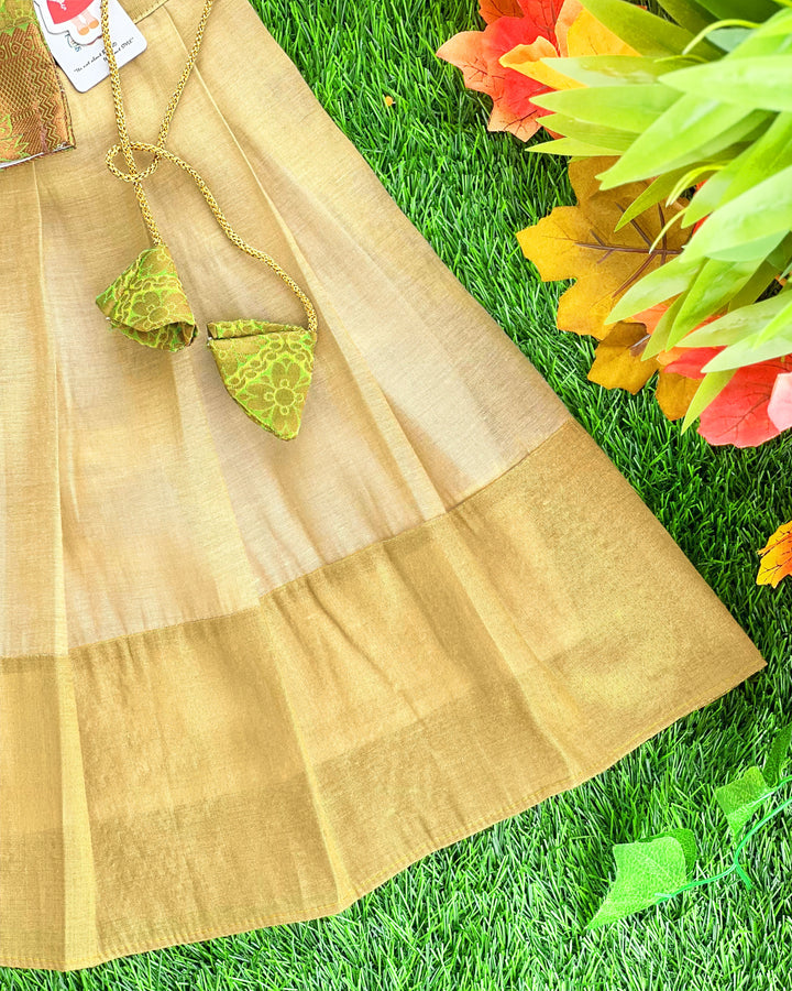 Golden pista green jacquard silk Kerala lehenga choli – baby girls birthday dress