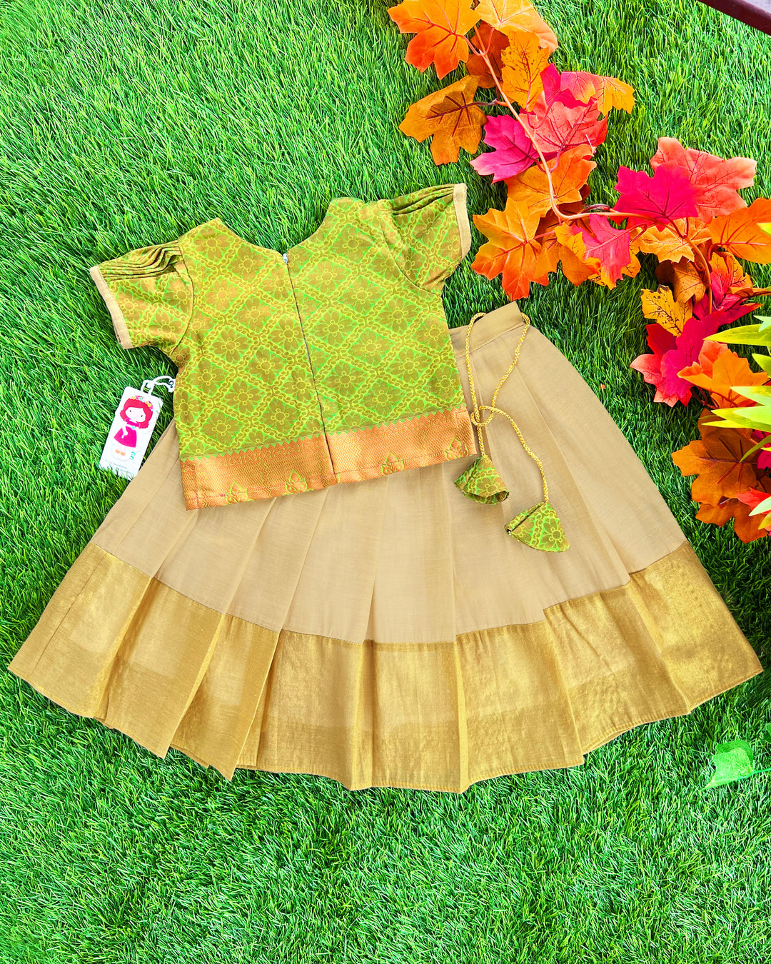 Golden pista green jacquard silk Kerala lehenga choli – baby girls birthday dress