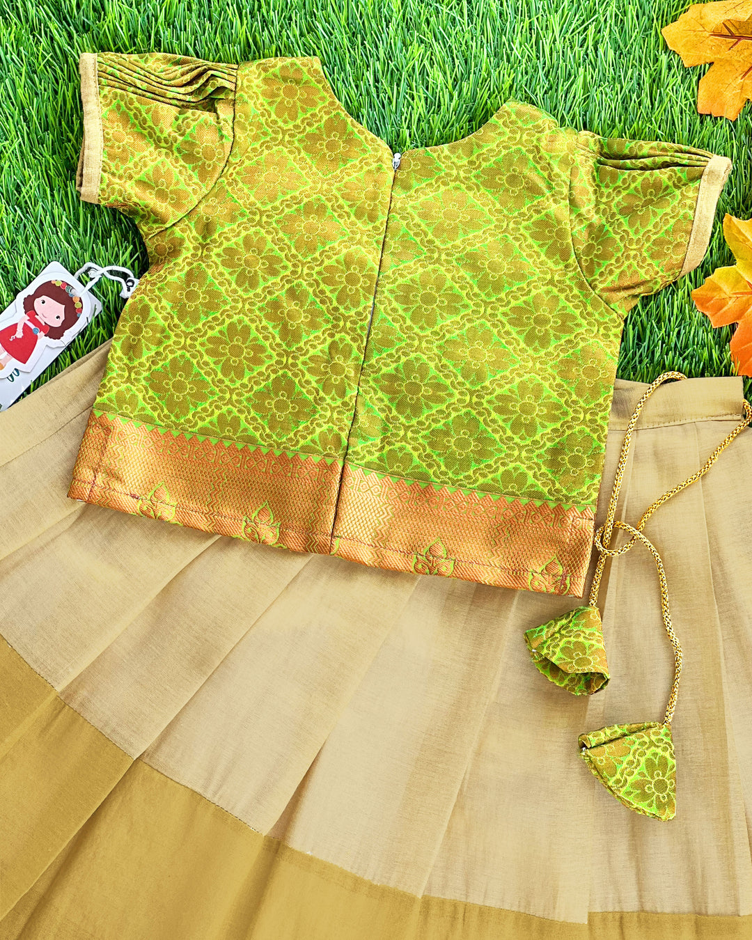 Golden pista green jacquard silk Kerala lehenga choli – baby girls birthday dress