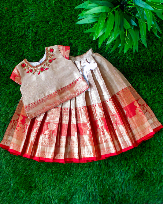 Golden and red pure Banarasi silk handwork lehenga choli for baby girl – front view, Stanwells Kids