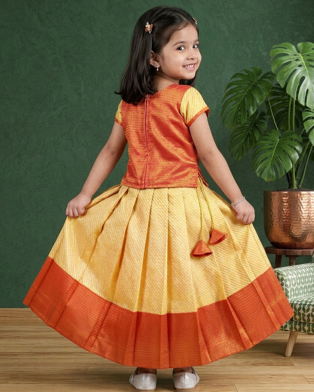 baby girl birthday lehenga choli dress
golden red kids lehenga for birthday
silk lehenga choli for baby girl festive wear
baby girl ethnic birthday outfit India
kids traditional lehenga choli dress