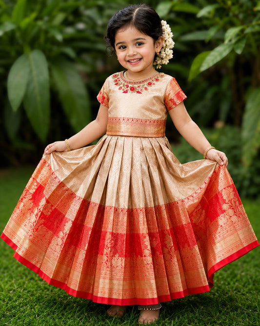 Golden and red pure Banarasi silk handwork lehenga choli for baby girl – front view, Stanwells Kids
