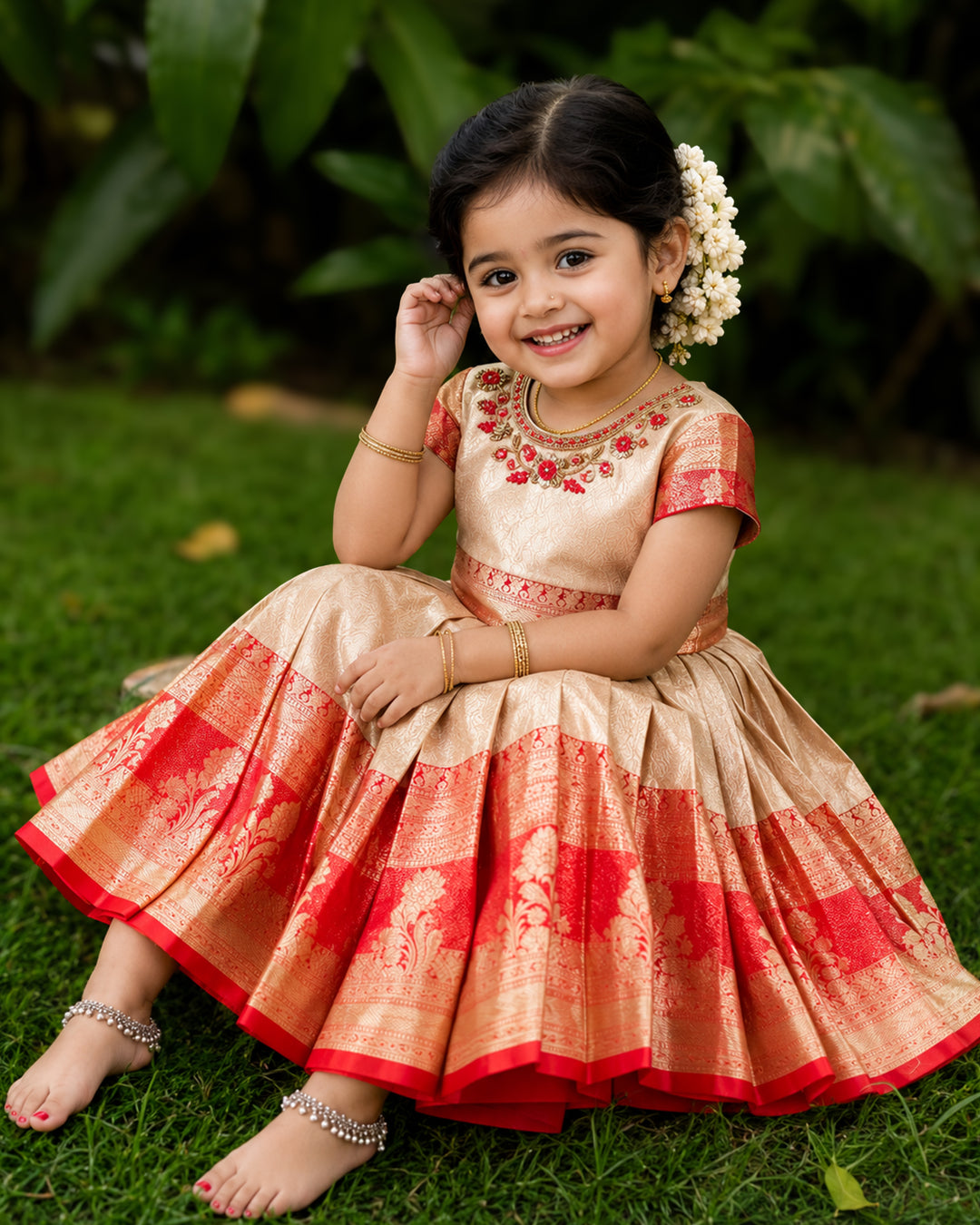 Golden and red pure Banarasi silk handwork lehenga choli for baby girl – front view, Stanwells Kids