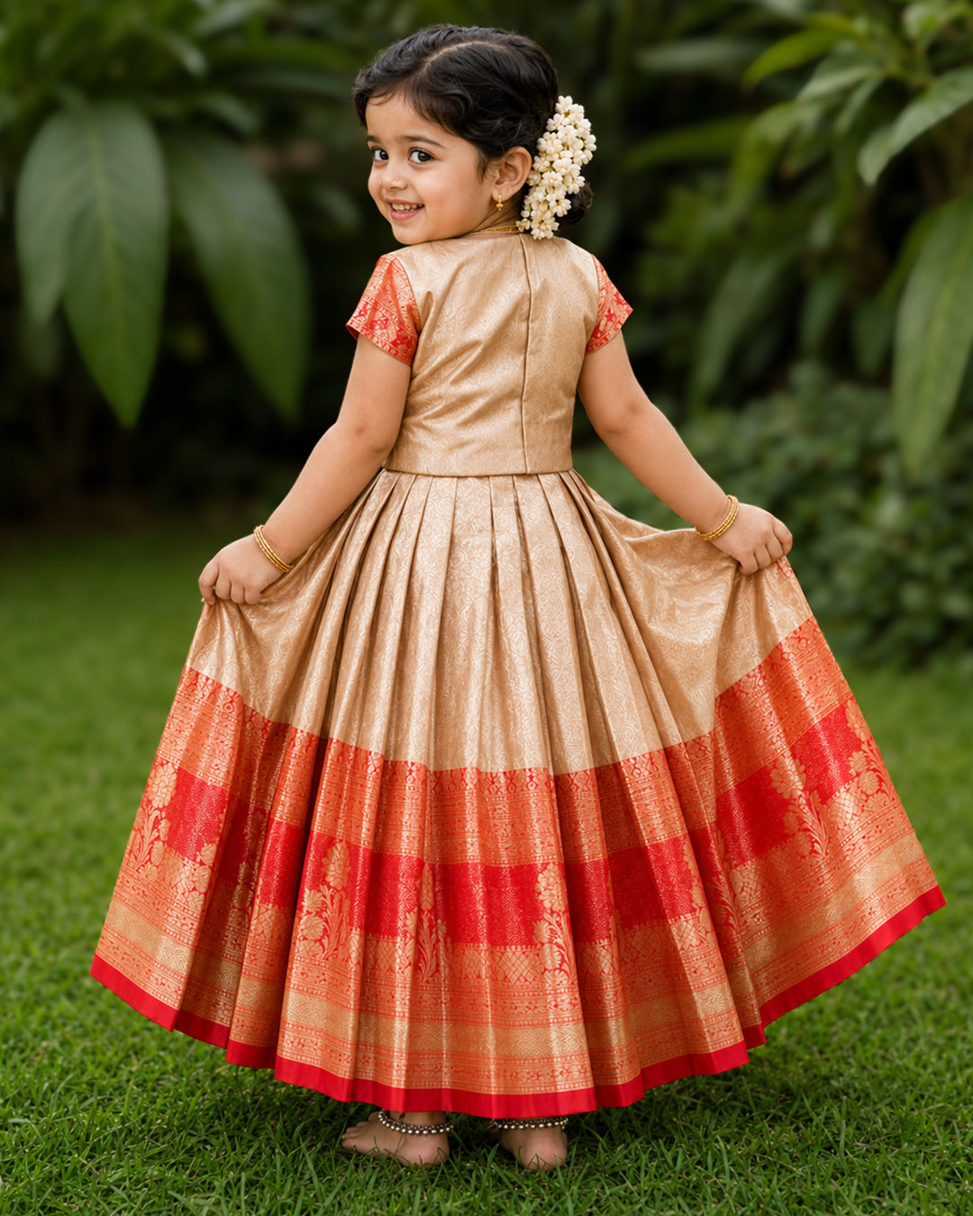 Traditional golden red Banarasi brocade lehenga choli for girls 3 months to 7 years – Stanwells Kids