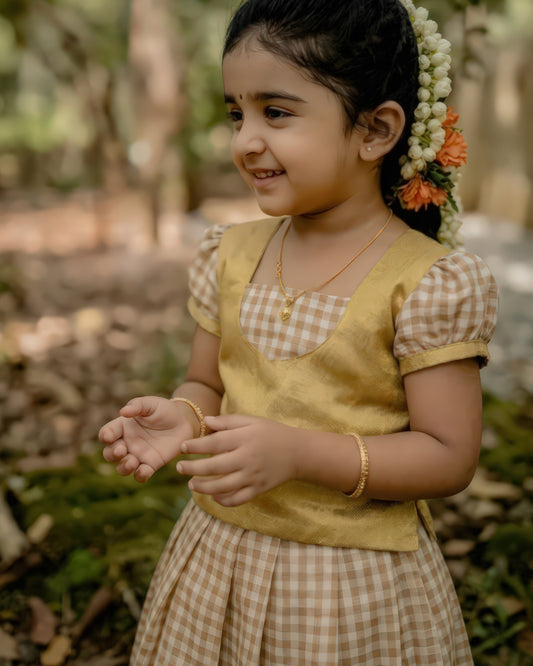 Golden Kerala tissue Chanderi lehenga choli side view baby girl – Stanwells Kids