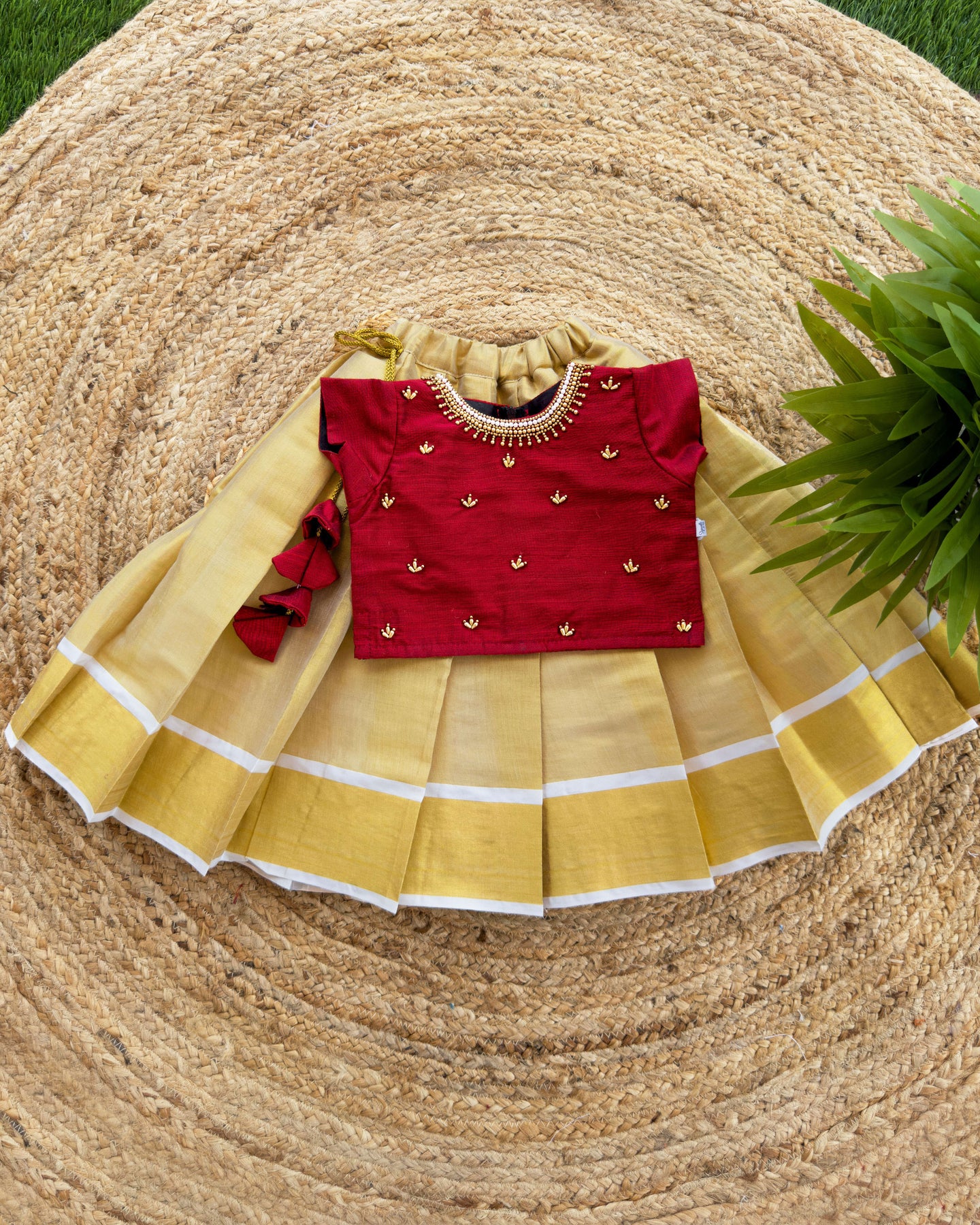 Golden & Meroon Combo Kerala Kasavu Handwork Traditional Silk Lehenga ...