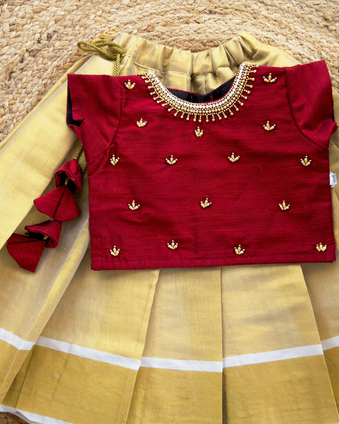 Golden & Meroon Combo Kerala Kasavu Handwork Traditional Silk Lehenga ...
