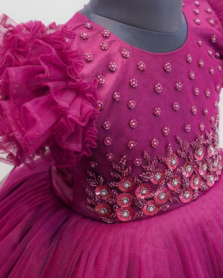 Grapevine Shade Baby Girls Birthday Dress, Heavy Handwork Party Wear Frock, Elegant Kids Outfit