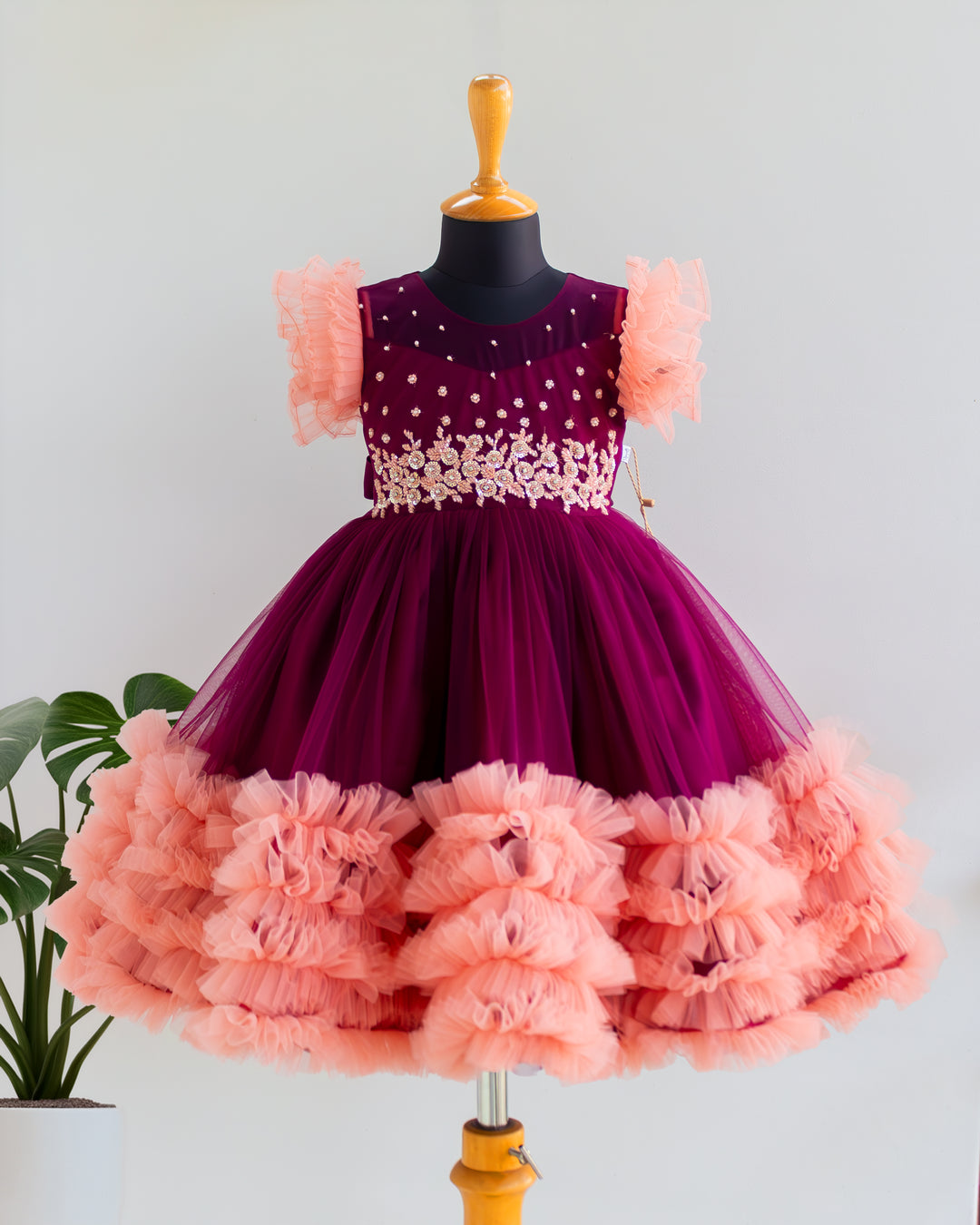Grapevine and coral heavy handwork ruffled birthday gown for baby girl – front view, Stanwells Kids