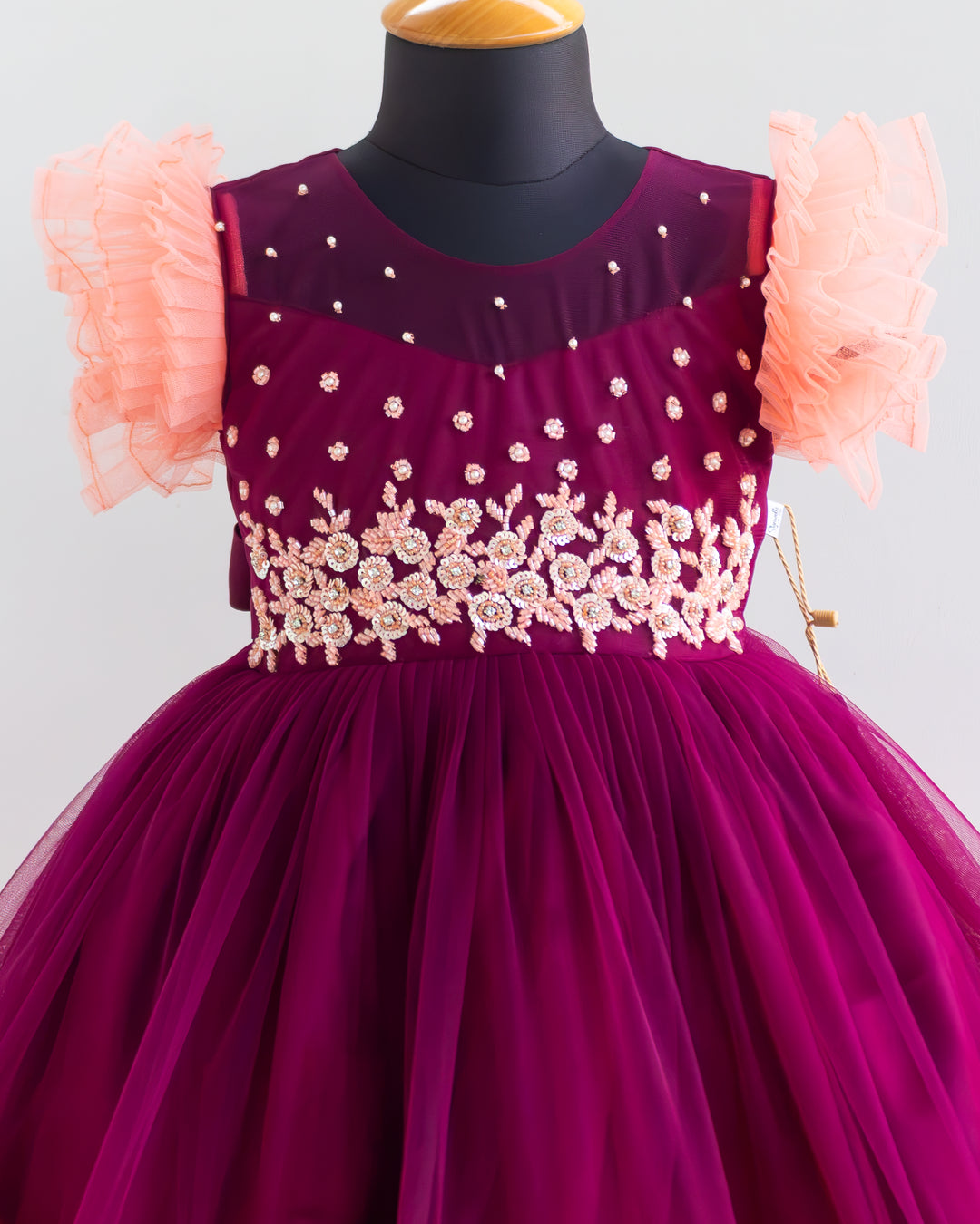 Coral cut bead and sequin heavy handwork yoke on grapevine birthday gown – Stanwells Kids
