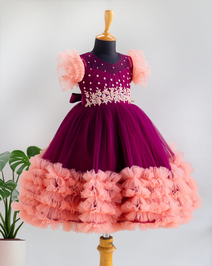 Soft mono nylon net flared skirt with coral ruffles on grapevine gown – Stanwells Kids
