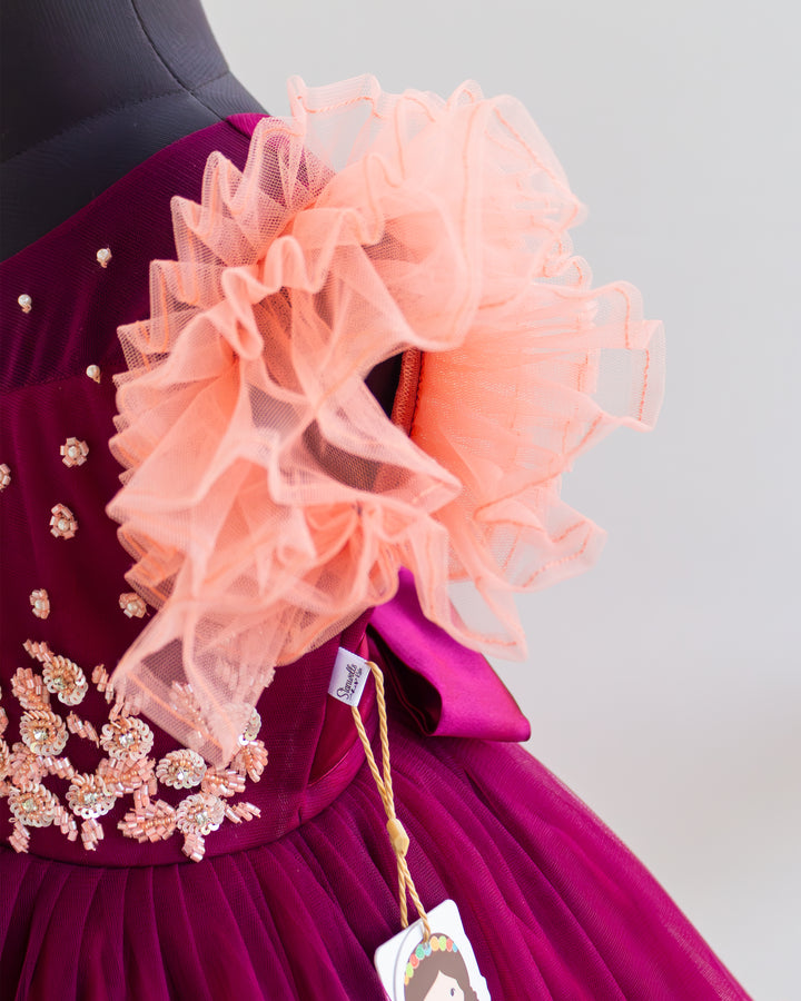 Back satin tie detail on grapevine coral ruffled birthday gown – Stanwells Kids