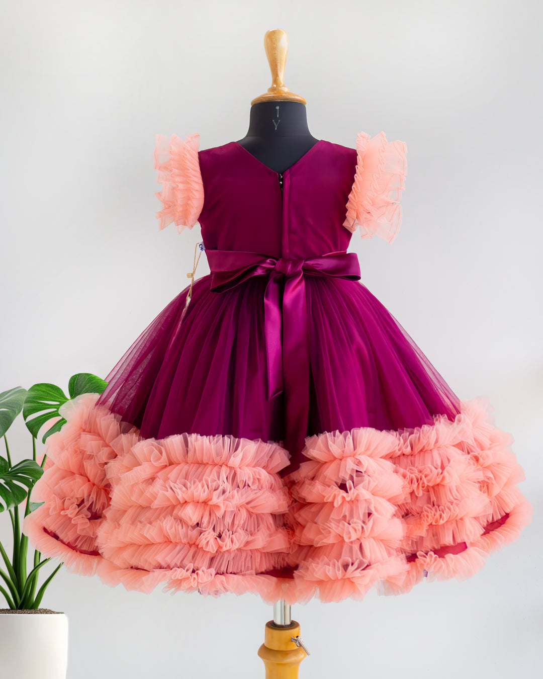 Full look – grapevine coral heavy handwork ruffled gown for baby girl, Stanwells Kids