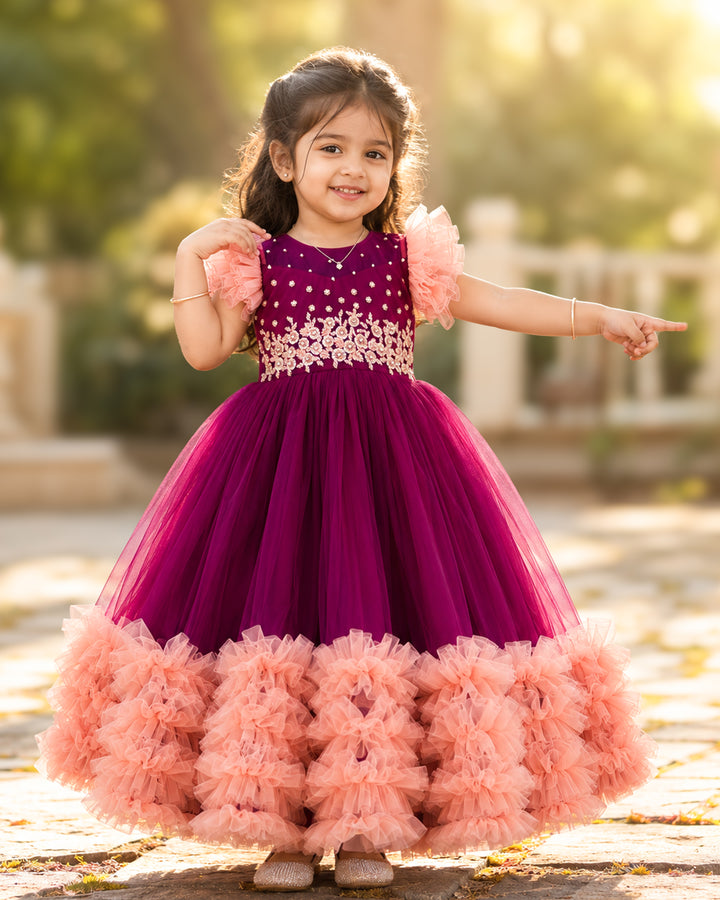 Grapevine and coral heavy handwork ruffled birthday gown for baby girl – front view, Stanwells Kids