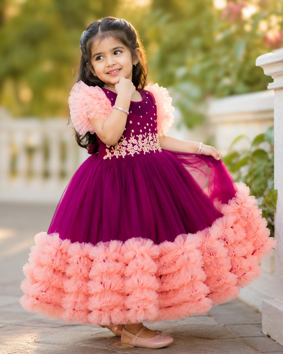 Grapevine and coral heavy handwork ruffled birthday gown for baby girl – front view, Stanwells Kids