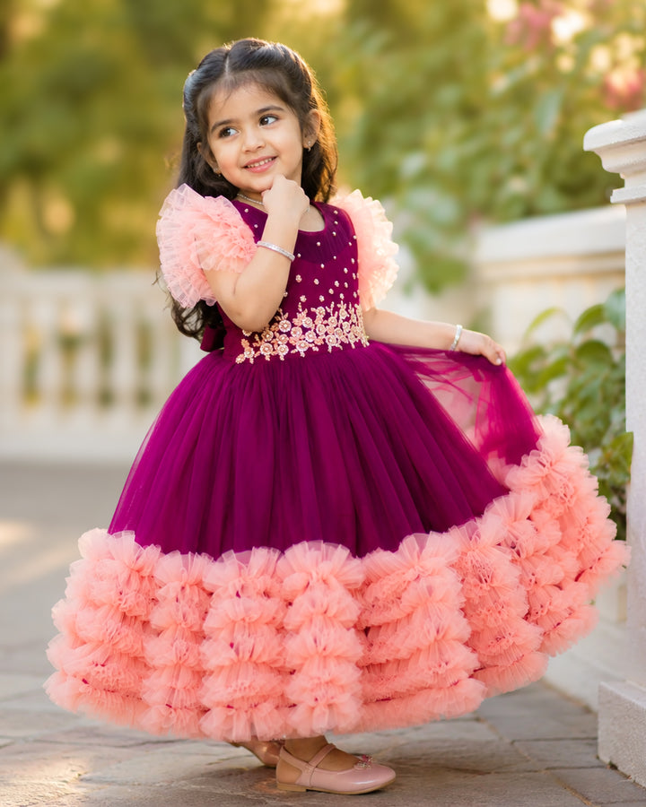 Grapevine and coral heavy handwork ruffled birthday gown for baby girl – front view, Stanwells Kids