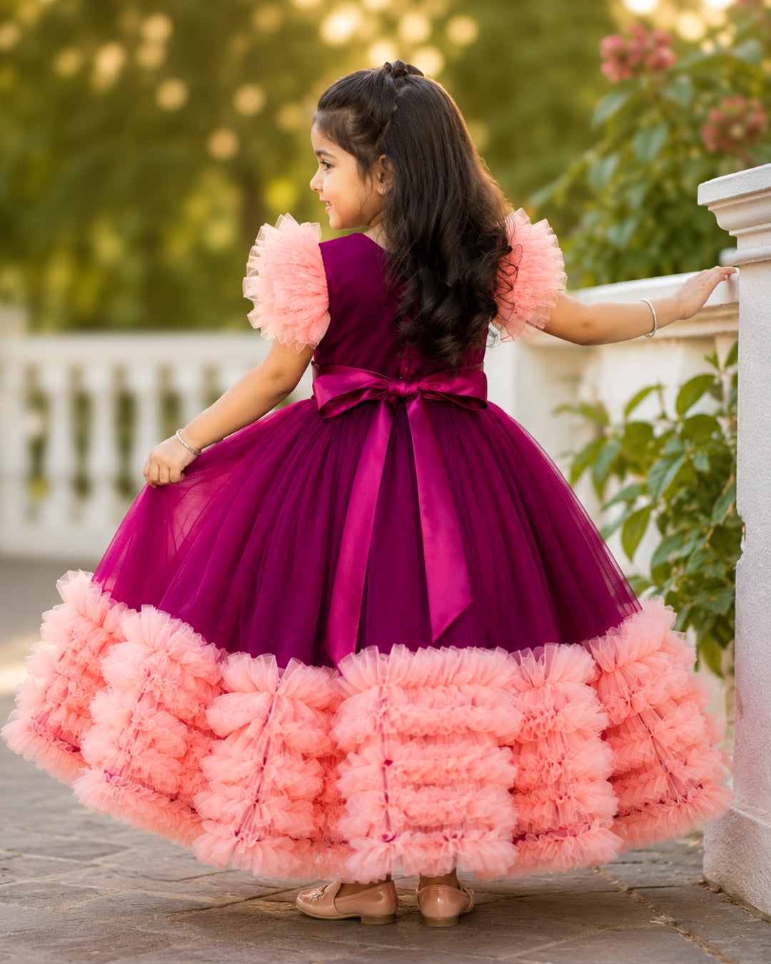 Full look – grapevine coral heavy handwork ruffled gown for baby girl, Stanwells Kids