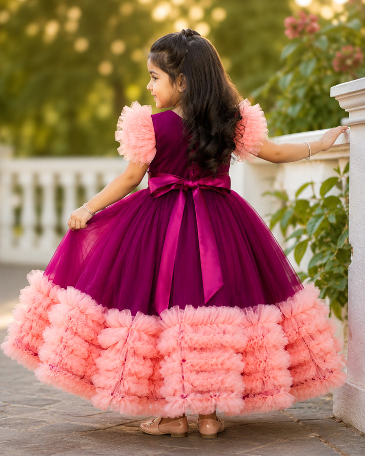 Full look – grapevine coral heavy handwork ruffled gown for baby girl, Stanwells Kids