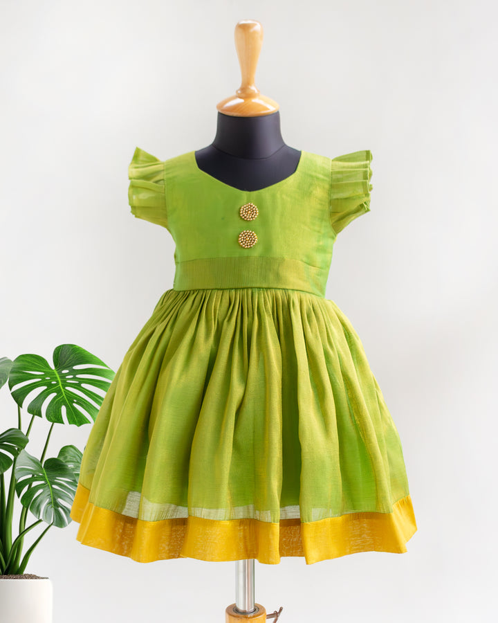Green silk ethnic frock for baby girls – full look, Stanwells Kids