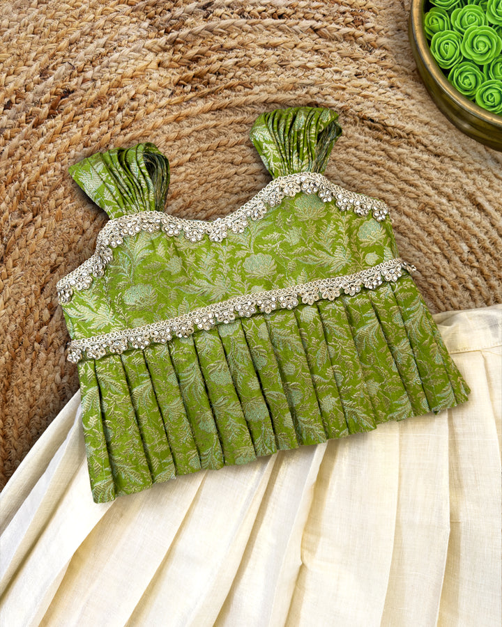 Soft green silk brocade lehenga skirt for Onam festive wear – Stanwells Kids