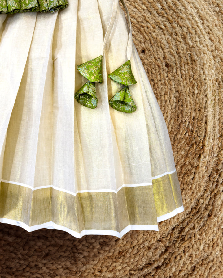 Green Banarasi brocade Kerala lehenga choli full look for girls – Stanwells Kids