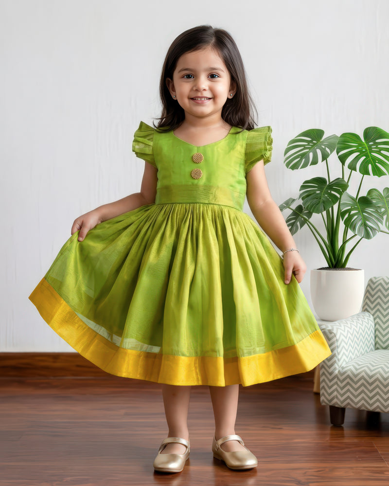 Green Baby Girls Silk Ethnic Frock