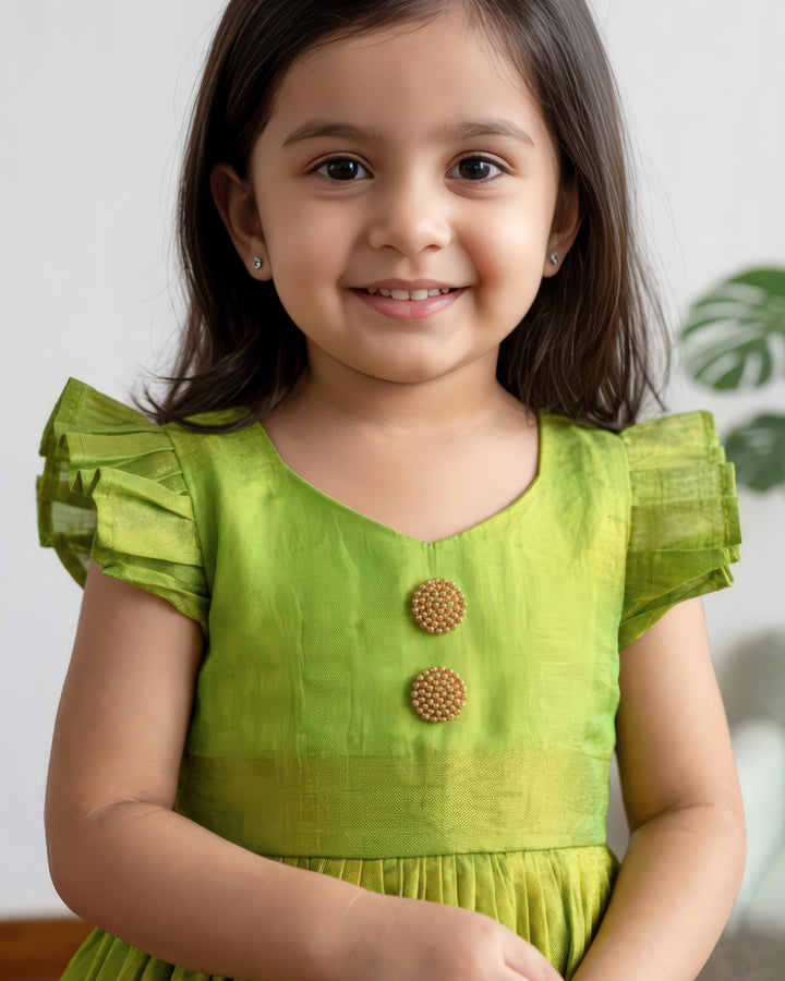 Golden bead yoke detail on green silk ethnic frock for girls – Stanwells Kids