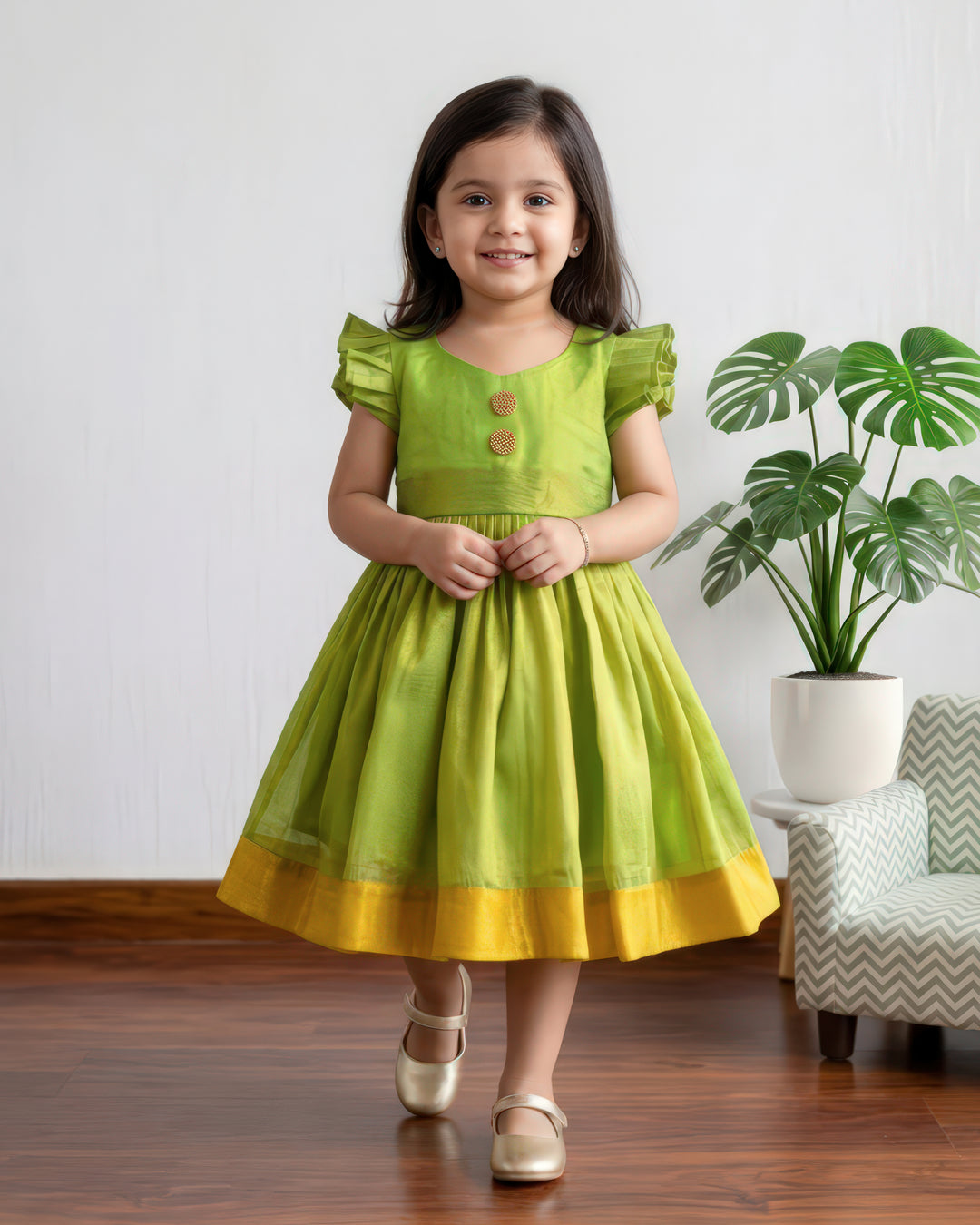 Flared skirt green silk festive frock for baby girl – Stanwells Kids
