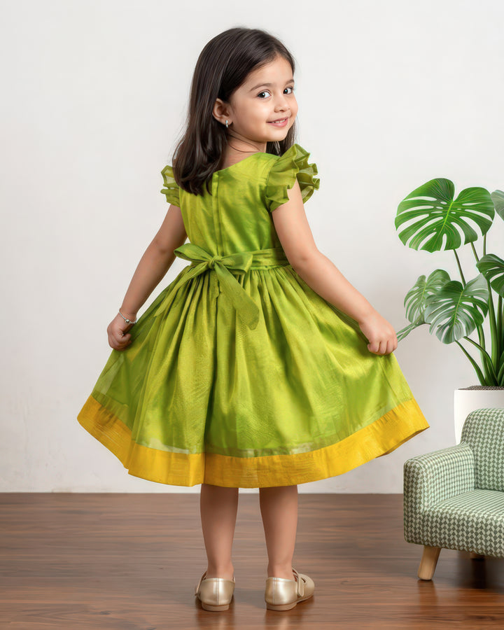 Back satin tie detail on green silk ethnic frock for girls – Stanwells Kids