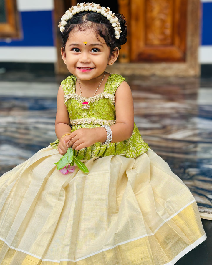 Soft green silk brocade lehenga skirt for Onam festive wear – Stanwells Kids