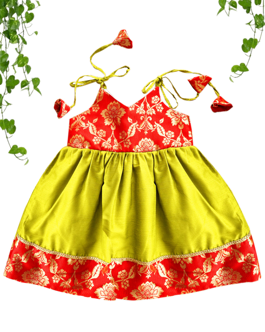 Green & Red Shade New Born Baby Silk Frock for Naming Ceremony Frock