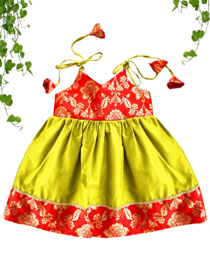 Green & Red Shade New Born Baby Silk Frock for Naming Ceremony Frock