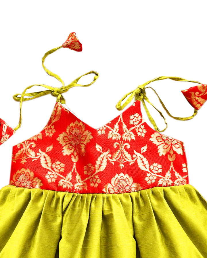 Green & Red Shade New Born Baby Silk Frock for Naming Ceremony Frock