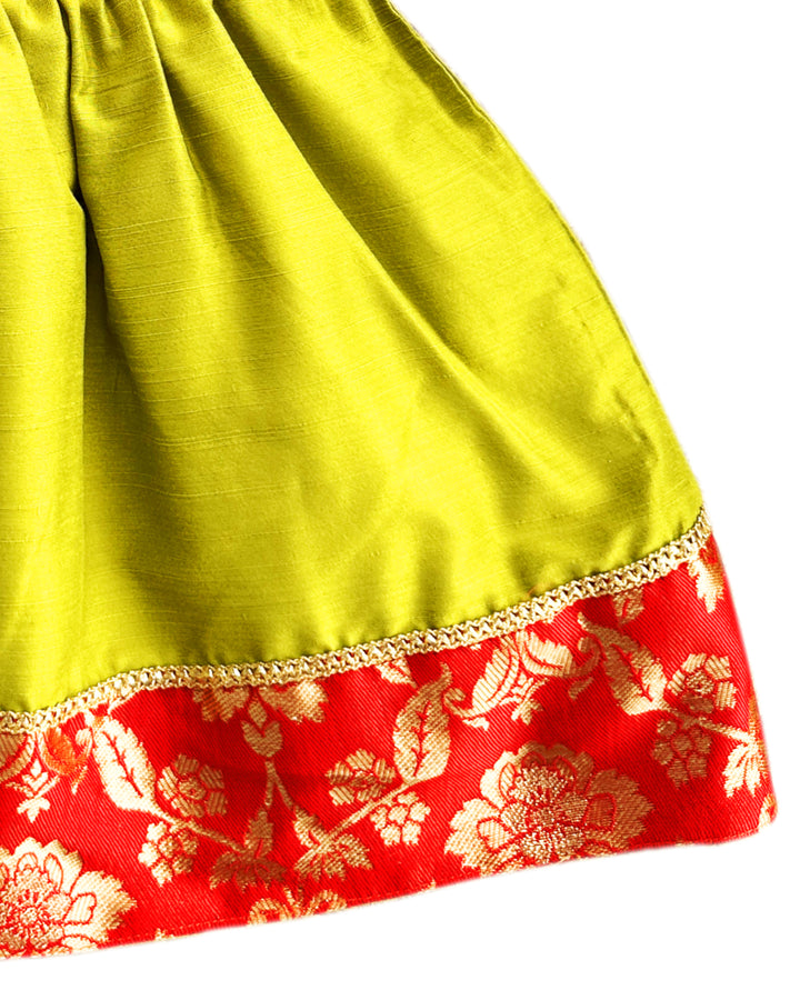 Green & Red Shade New Born Baby Silk Frock for Naming Ceremony Frock