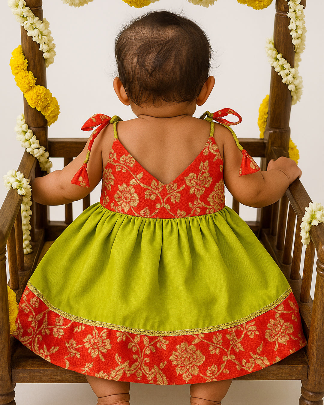 Green & Red Shade New Born Baby Silk Frock for Naming Ceremony Frock