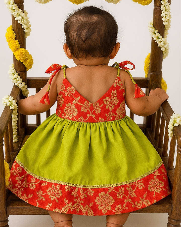 Green & Red Shade New Born Baby Silk Frock for Naming Ceremony Frock