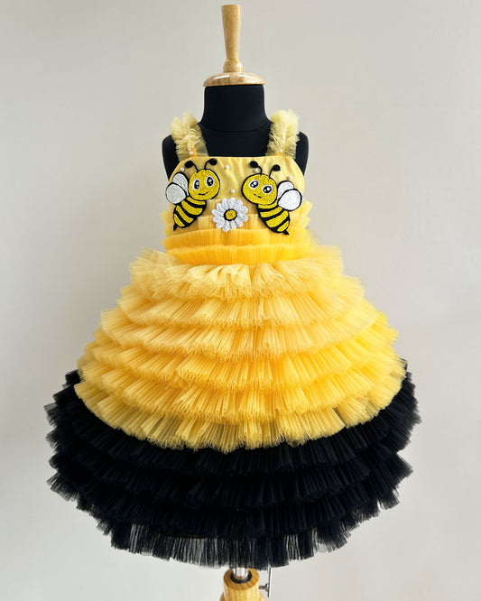 Baby girl birthday dress yellow black, honey bee theme frock, partywear